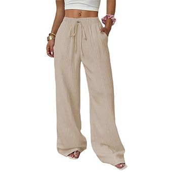 Womens Casual Straight Elastic High Waist Leg Pants Pull on Drawstring Beach Trousers with Pockets