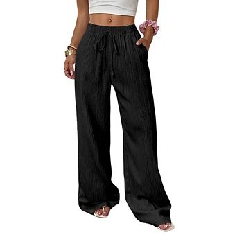Womens Casual Straight Elastic High Waist Leg Pants Pull on Drawstring Beach Trousers with Pockets