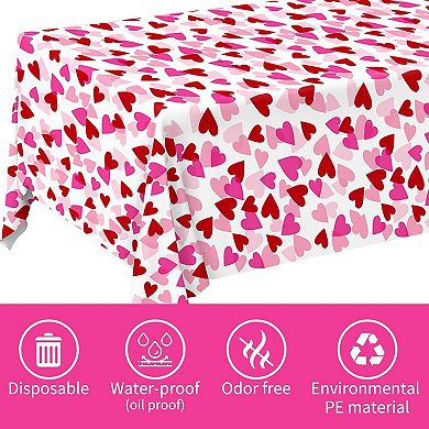 Valentine's Love 3-Pack Tablecloths: Waterproof & Disposable Plastic Covers, 54x108, Romantic Heart