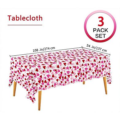 Valentine's Love 3-Pack Tablecloths: Waterproof & Disposable Plastic Covers, 54x108, Romantic Heart