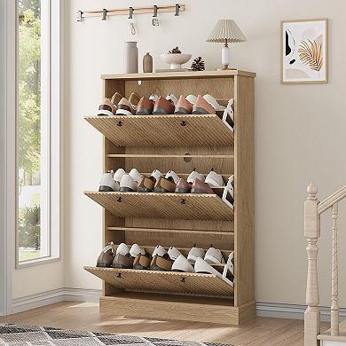 Fluted Shoe Cabinet with 3 Flip Drawers Slim Entryway Shoe Storage Organizer with Adjustable Shelves