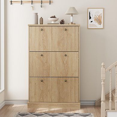 Fluted Shoe Cabinet with 3 Flip Drawers Slim Entryway Shoe Storage Organizer with Adjustable Shelves