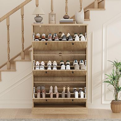 Fluted Shoe Cabinet with 3 Flip Drawers Slim Entryway Shoe Storage Organizer with Adjustable Shelves
