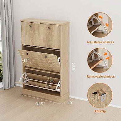 Fluted Shoe Cabinet with 3 Flip Drawers Slim Entryway Shoe Storage Organizer with Adjustable Shelves