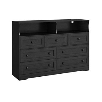 7 Drawer Wood Dressers for Bedroom with LED Lights, Wooden Dresser with Charging Station