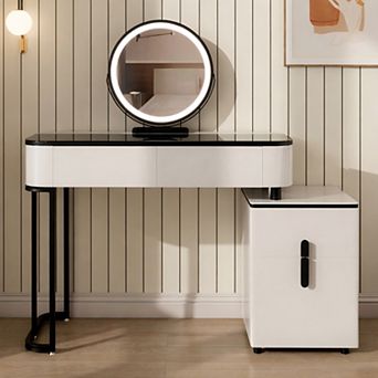 Lufeiya Vanity Table with Tempered Glass Top, Adjustable Lighted Mirror, Storage Cabinet