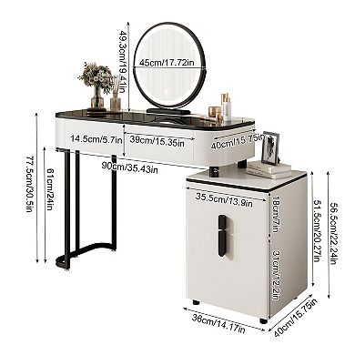 Lufeiya Vanity Table with Tempered Glass Top, Adjustable Lighted Mirror, Storage Cabinet
