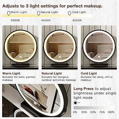 Lufeiya Vanity Table with Tempered Glass Top, Adjustable Lighted Mirror, Storage Cabinet