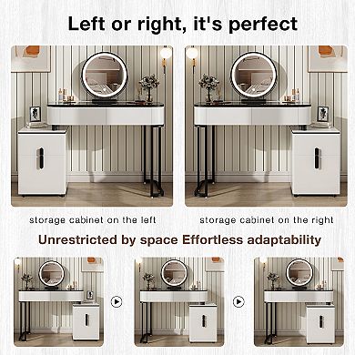 Lufeiya Vanity Table with Tempered Glass Top, Adjustable Lighted Mirror, Storage Cabinet