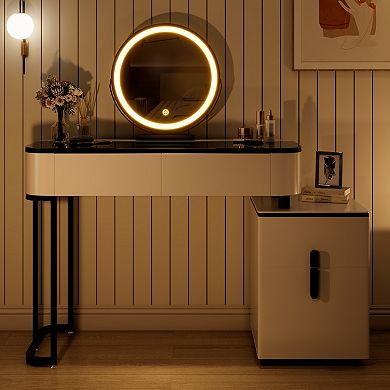 Lufeiya Vanity Table with Tempered Glass Top, Adjustable Lighted Mirror, Storage Cabinet