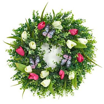 18 Inch Artificial Spring Tulip Wreath with Butterflies for Front Door Home Wall Easter Wedding