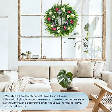 18 Inch Artificial Spring Tulip Wreath with Butterflies for Front Door Home Wall Easter Wedding