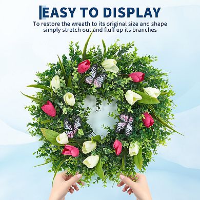 18 Inch Artificial Spring Tulip Wreath with Butterflies for Front Door Home Wall Easter Wedding