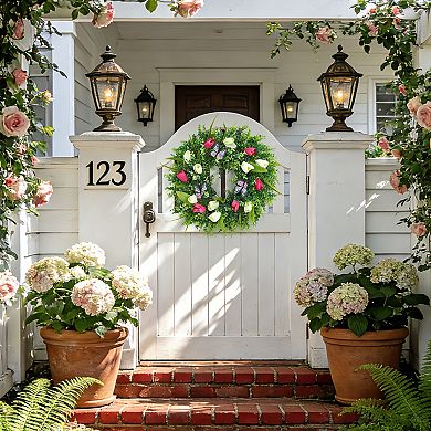 18 Inch Artificial Spring Tulip Wreath with Butterflies for Front Door Home Wall Easter Wedding