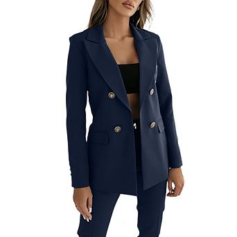 Women's Business Casual Blazer Double Breasted Long Sleeve Solid Color Office Jackets Work Outfits