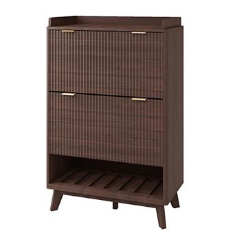 48 in Fluted Shoe Cabinet with 2 Flip Drawers Slim Entryway Shoe Storage with Open Shelf