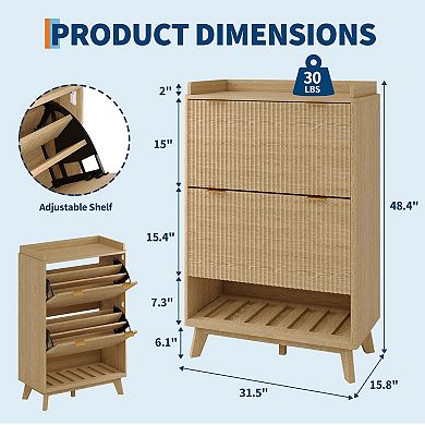 48-in Fluted Shoe Cabinet with 2 Flip Drawers Slim Entryway Shoe Storage with Open Shelf