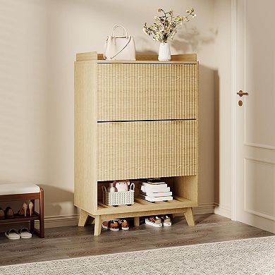 48-in Fluted Shoe Cabinet with 2 Flip Drawers Slim Entryway Shoe Storage with Open Shelf