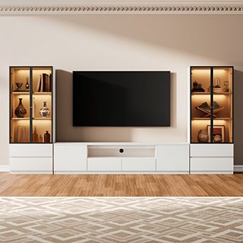 Wood Entertainment Center for 75" TV, Media Console Set of 3 with Storage, White TV Stand Cabinet
