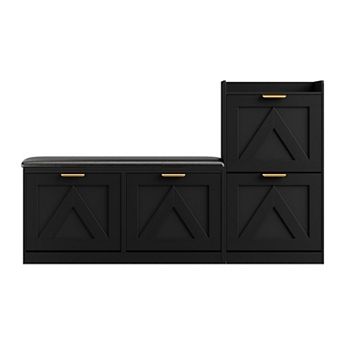 Shoe Cabinet with Bench 4 Flip Drawers Adjustable Left/Right Cushioned Seat and Removable Shelves