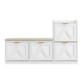 Shoe Cabinet with Bench 4 Flip Drawers Adjustable Left/Right Cushioned Seat and Removable Shelves