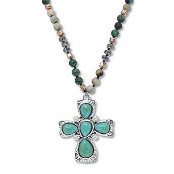 Genuine Jasper, Amazonite and Freshwater Pearl Silvertone Cross Necklace 32 Inch