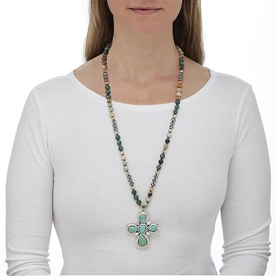 Genuine Jasper, Amazonite and Freshwater Pearl Silvertone Cross Necklace 32 Inch