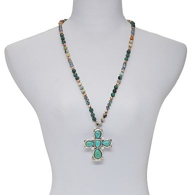 Genuine Jasper, Amazonite and Freshwater Pearl Silvertone Cross Necklace 32 Inch