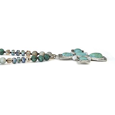 Genuine Jasper, Amazonite and Freshwater Pearl Silvertone Cross Necklace 32 Inch