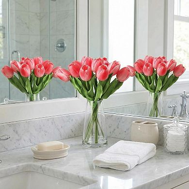 Artificial Tulips with Vase,Real Touch Silk PU Faux Tulips Bouquet,Lifelike Tulips