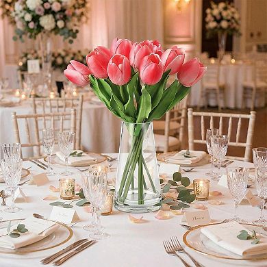 Artificial Tulips with Vase,Real Touch Silk PU Faux Tulips Bouquet,Lifelike Tulips