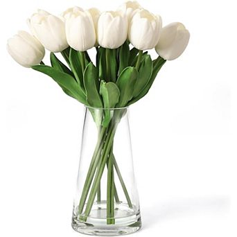 Artificial Tulips with Vase,Real Touch Silk PU Faux Tulips Bouquet,Lifelike Tulips