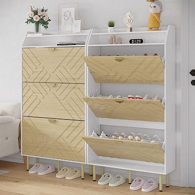 Slim Shoe Cabinet with 3 Flip Drawers Hidden Entryway Shoe Storage Organizer with Adjustable Shelves