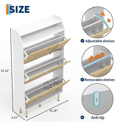 Slim Shoe Cabinet with 3 Flip Drawers Hidden Entryway Shoe Storage Organizer with Adjustable Shelves