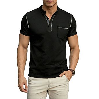 Men's Henley Neck Short Sleeve T Shirt Pocket Button Casual Tops