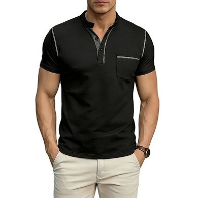 Men's Henley Neck Short Sleeve T Shirt Pocket Button Casual Tops
