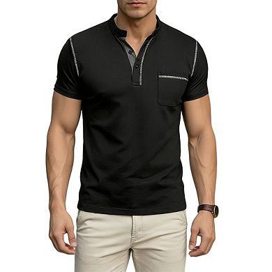 Men's Henley Neck Short Sleeve T Shirt Pocket Button Casual Tops