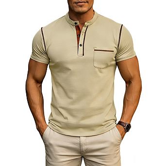 Men's Henley Neck Short Sleeve T Shirt Pocket Button Casual Tops