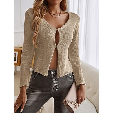 Women's Long Sleeve Knit Cardigans Crew Neck Solid Color Casual Sweater Coat