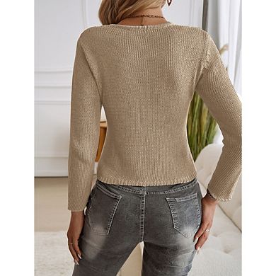 Women's Long Sleeve Knit Cardigans Crew Neck Solid Color Casual Sweater Coat