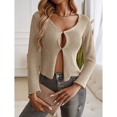 Women's Long Sleeve Knit Cardigans Crew Neck Solid Color Casual Sweater Coat