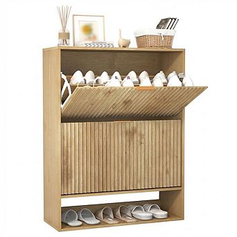 31.5" Shoe Cabinet for Entryway with 2 Flip Drawers,Fluted Slim Shoe Storage Cabinet