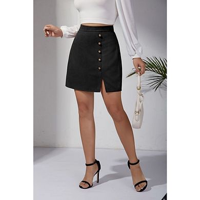 Women's High Waist Button Front Mini Skirt A Line Bodycon Faux Suede Side Split Mini Skirt