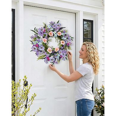 20 Inch Rose Wreath, Artificial Pink Purple Flower Wreath for Front Door, Wedding, Home Decor
