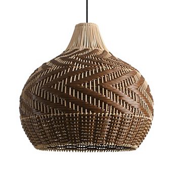 19" Modern Bohemian Natural Round Handwoven Rattan 1-Light Adjustable Chandelier