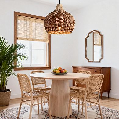 19" Modern Bohemian Natural Round Handwoven Rattan 1-Light Adjustable Chandelier