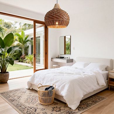 19" Modern Bohemian Natural Round Handwoven Rattan 1-Light Adjustable Chandelier