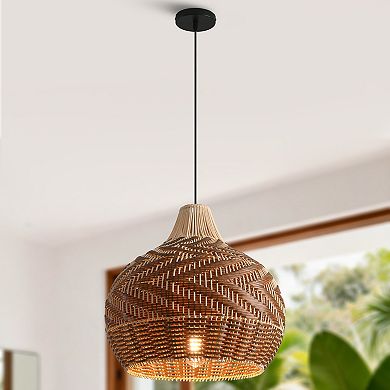 19" Modern Bohemian Natural Round Handwoven Rattan 1-Light Adjustable Chandelier