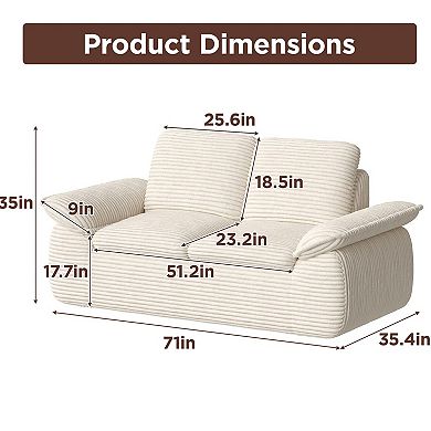 71" Cloud Boneless Loveseat Sofa, Corduroy 2-Seater with Memory Foam, No-Assembly Compressed Sofa