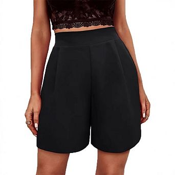 Lady's summer high waisted pleated A line short pants, casual solid colored wide leg style